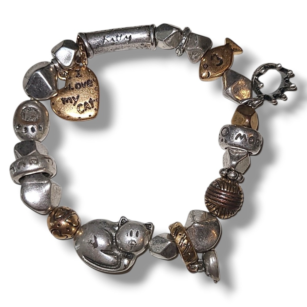 Vintage‎ Chico's Cat Charm Bracelet Mixed Metal 2 Tone Stretch I Love My Cat